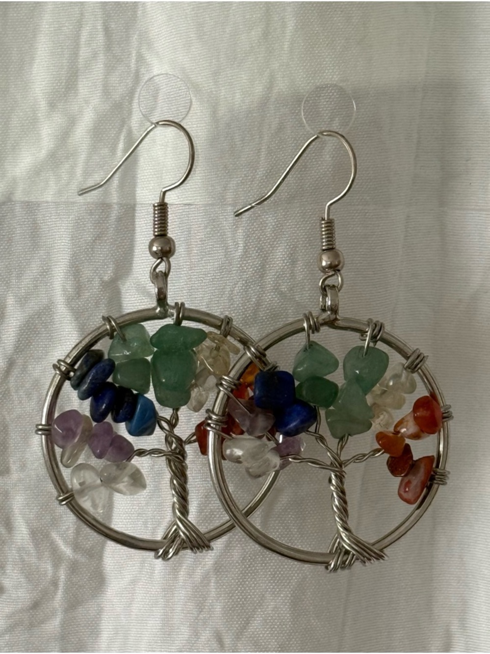 Tree of Life Wire Wrapped Stone Earrings Dangle 1” Round Multicolor Gemstone